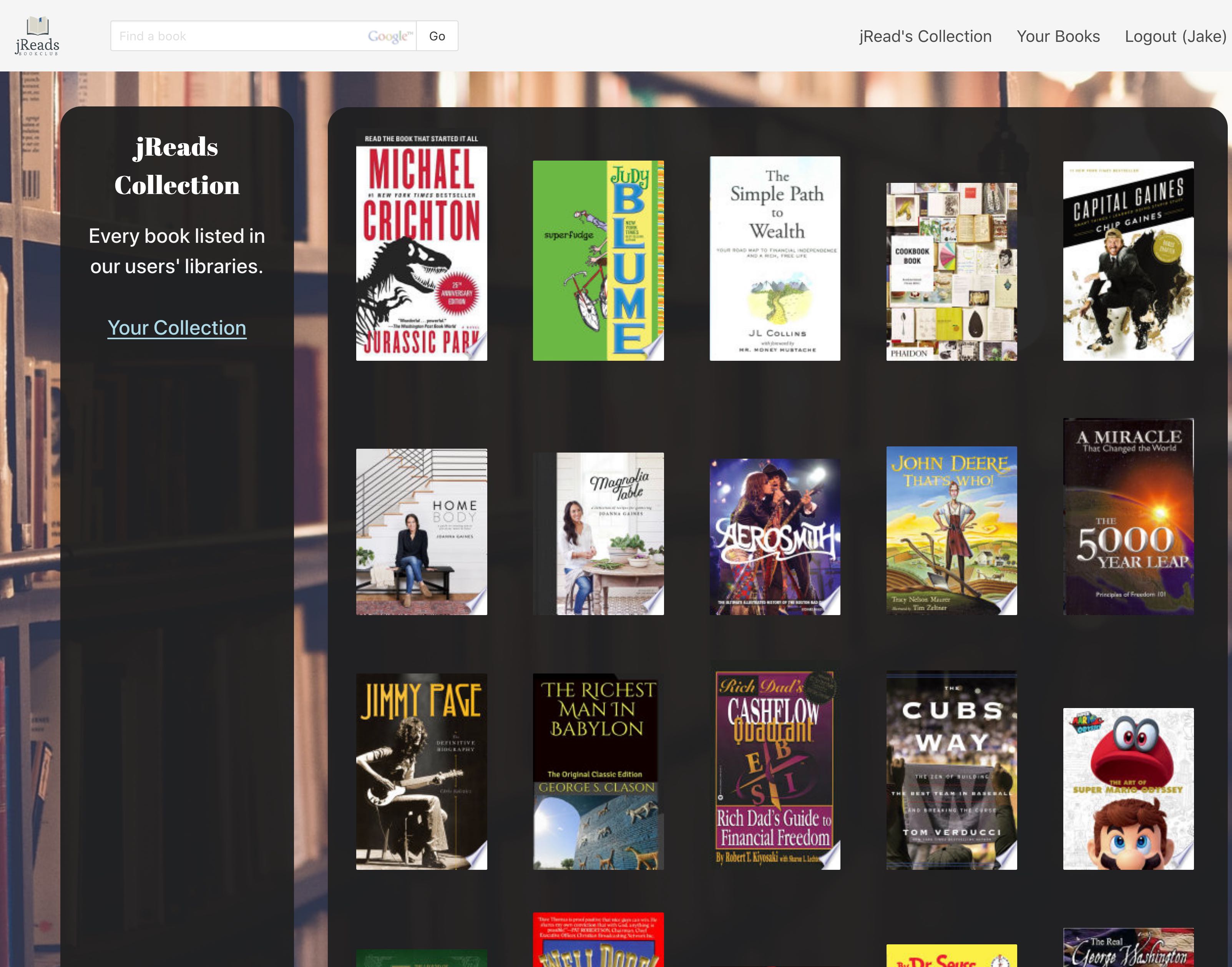 Screenshot of jReads Book App home screen displaying book shelf with two rows of book covers.